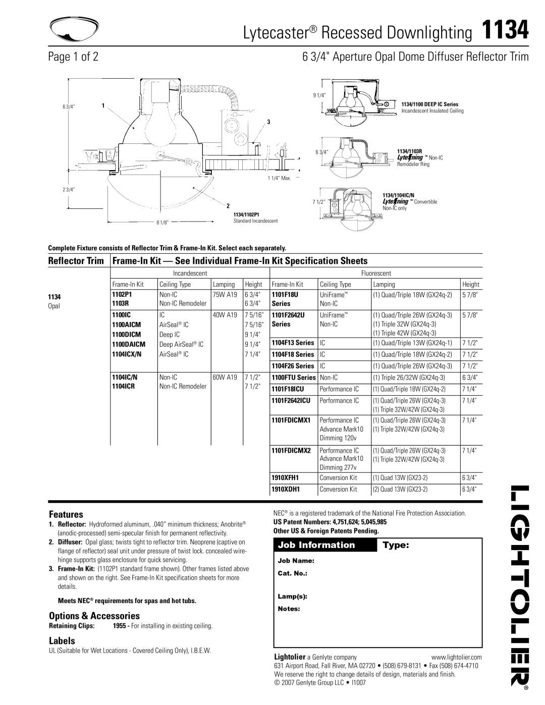 Lightolier 1134 specifications Lytecaster Recessed Downlighting , Aperture Opal Dome Diffuser Reflector Trim, Features 